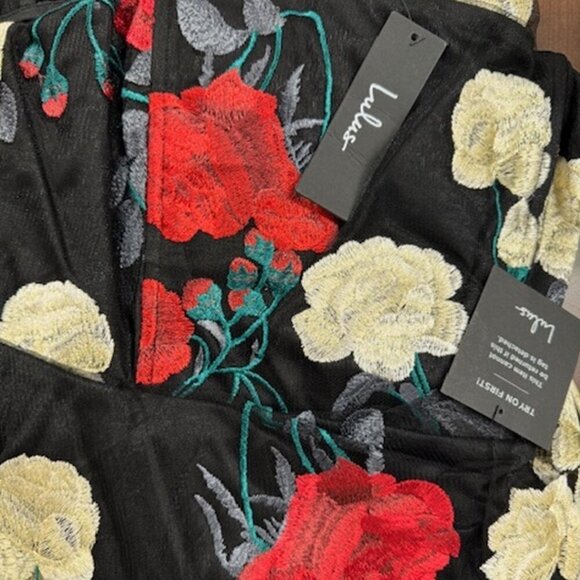 NWT Lulus Forever Lovable Black Floral Embroidered Tiered Midi Dress (size S) - Picture 9 of 12
